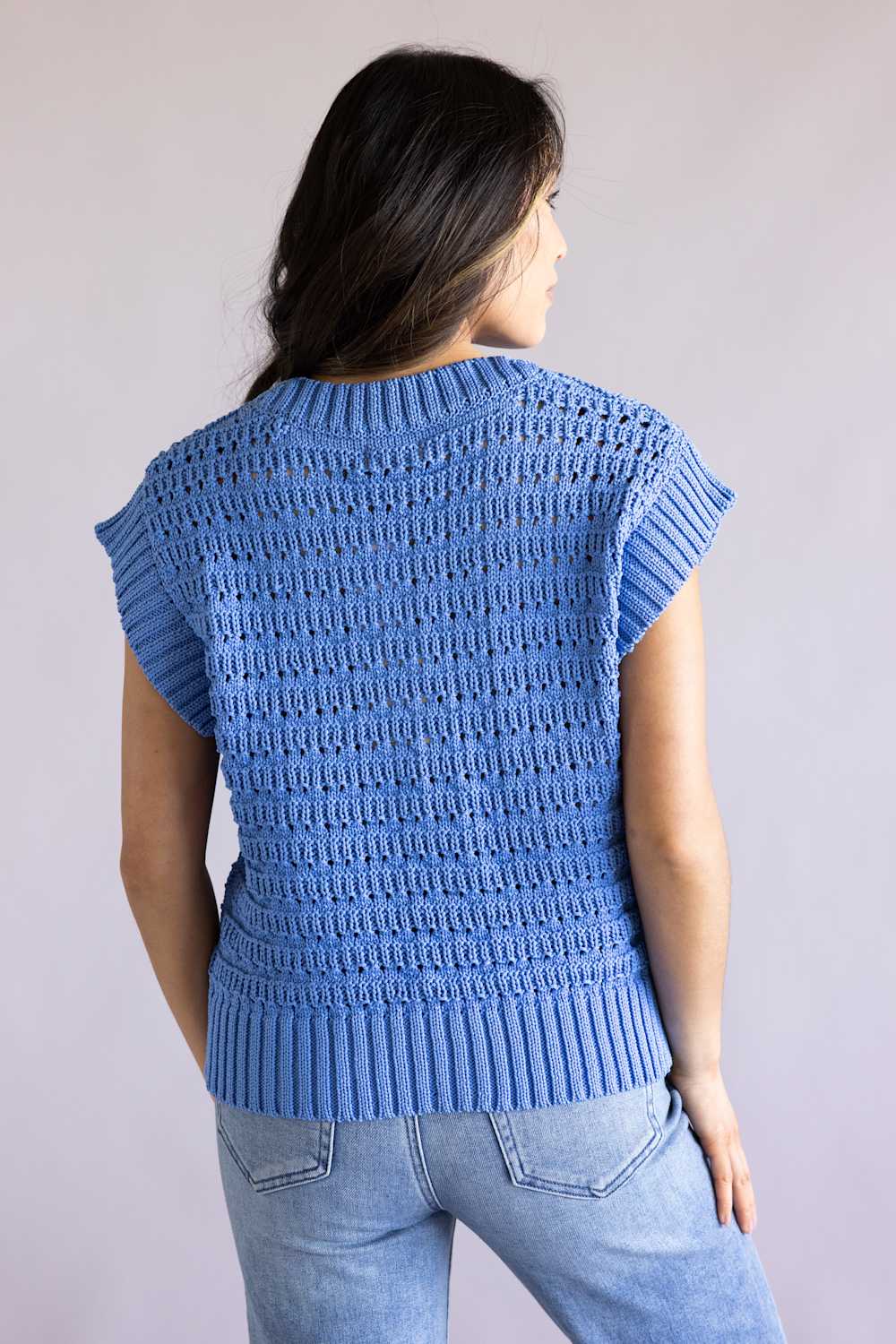 Elan Open Knit Cap Sleeve Sweater for Women in Blue | SW11619-BLU - Image 3