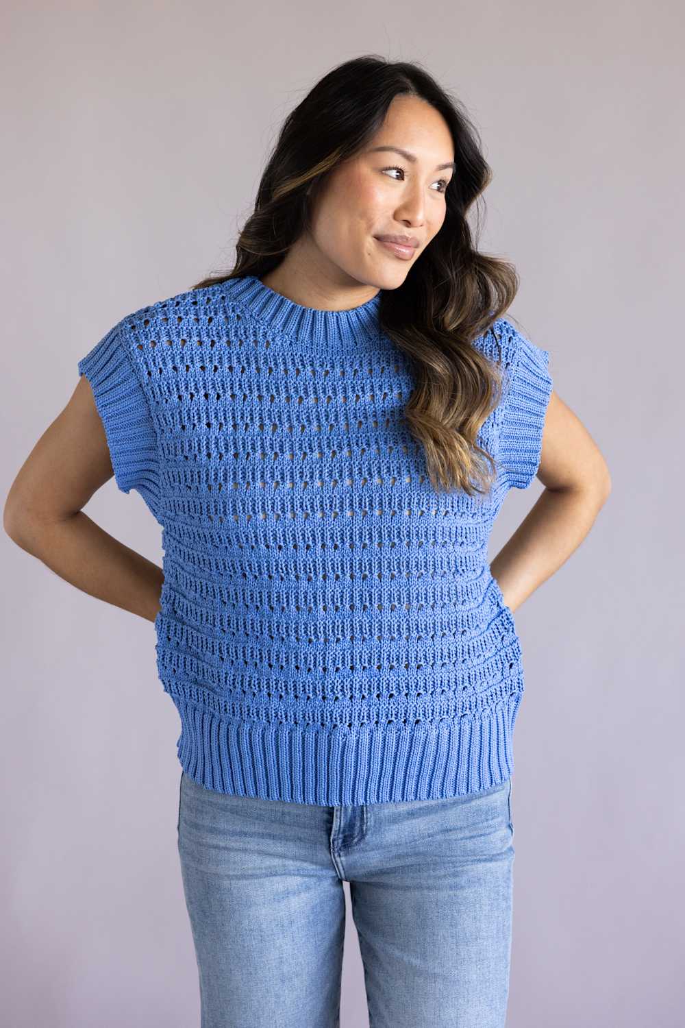 Elan Open Knit Cap Sleeve Sweater for Women in Blue | SW11619-BLU - Image 4