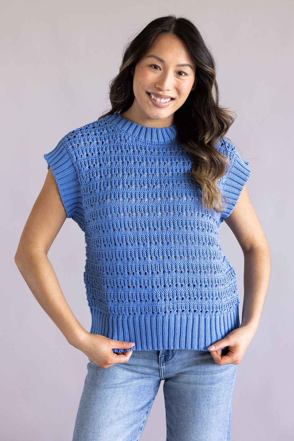 Elan Open Knit Cap Sleeve Sweater for Women in Blue | SW11619-BLU - Image 5