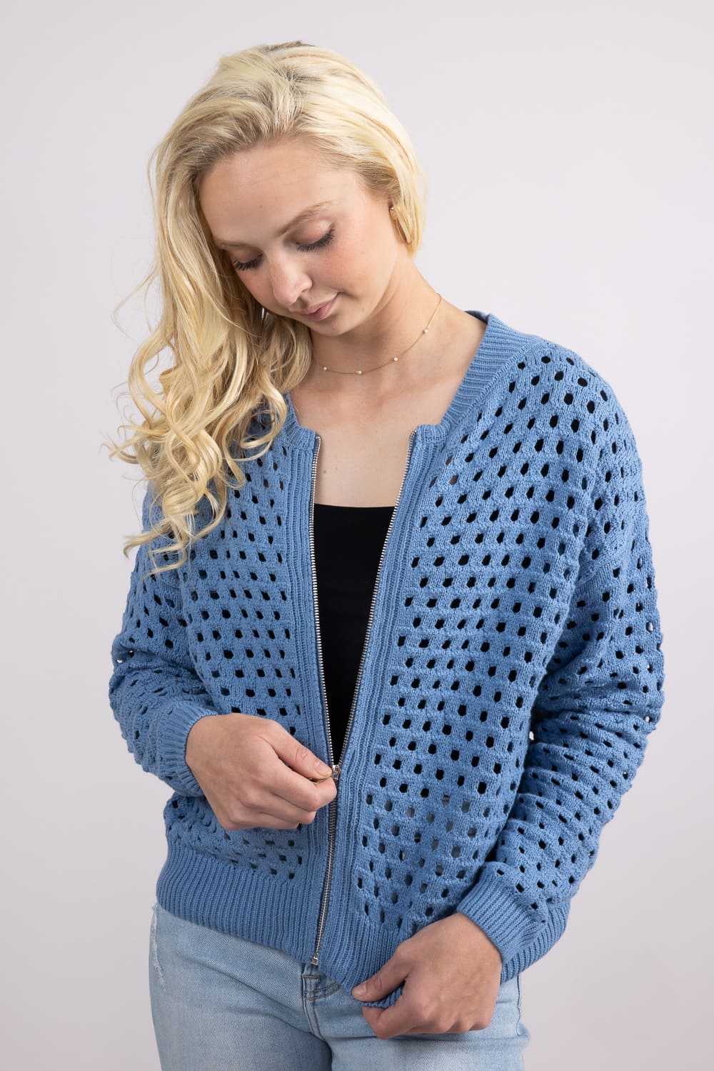 Elan Open Knit Front Zip Cardigan for Women - Image 2