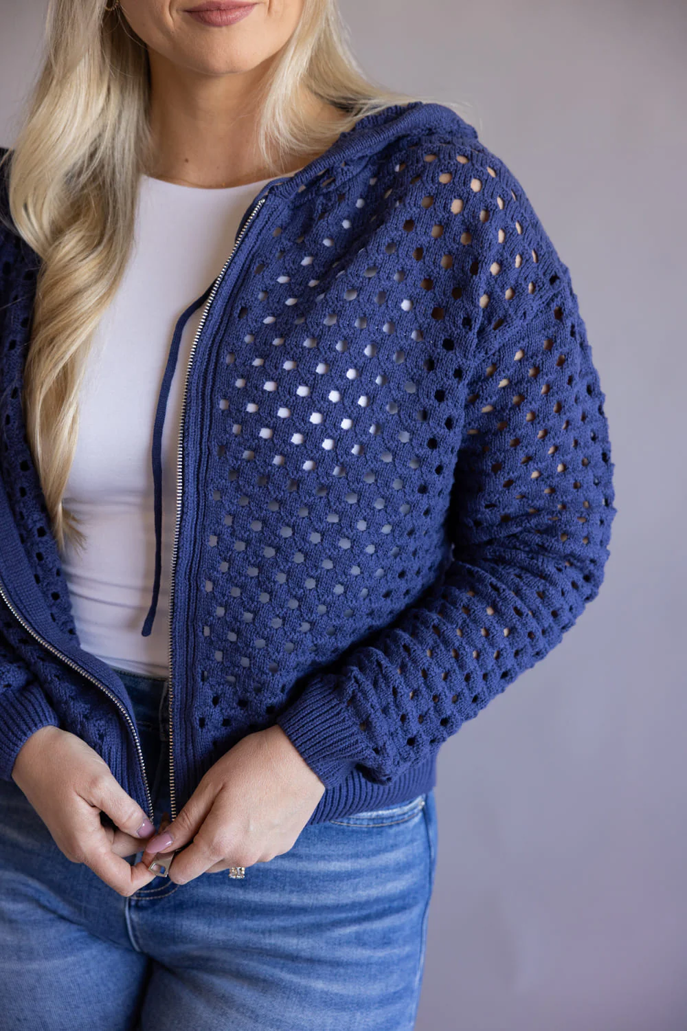Elan Open Knit Full Zip Hooded Cardigan for Women in Navy | SW11601-NVY - Image 2