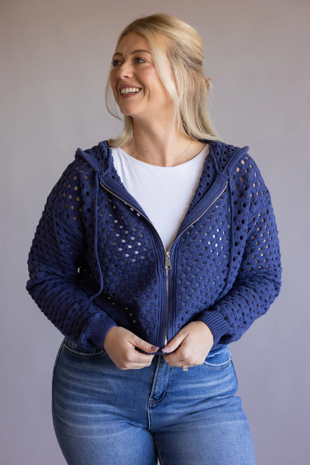 Elan Open Knit Full Zip Hooded Cardigan for Women in Navy | SW11601-NVY - Image 4