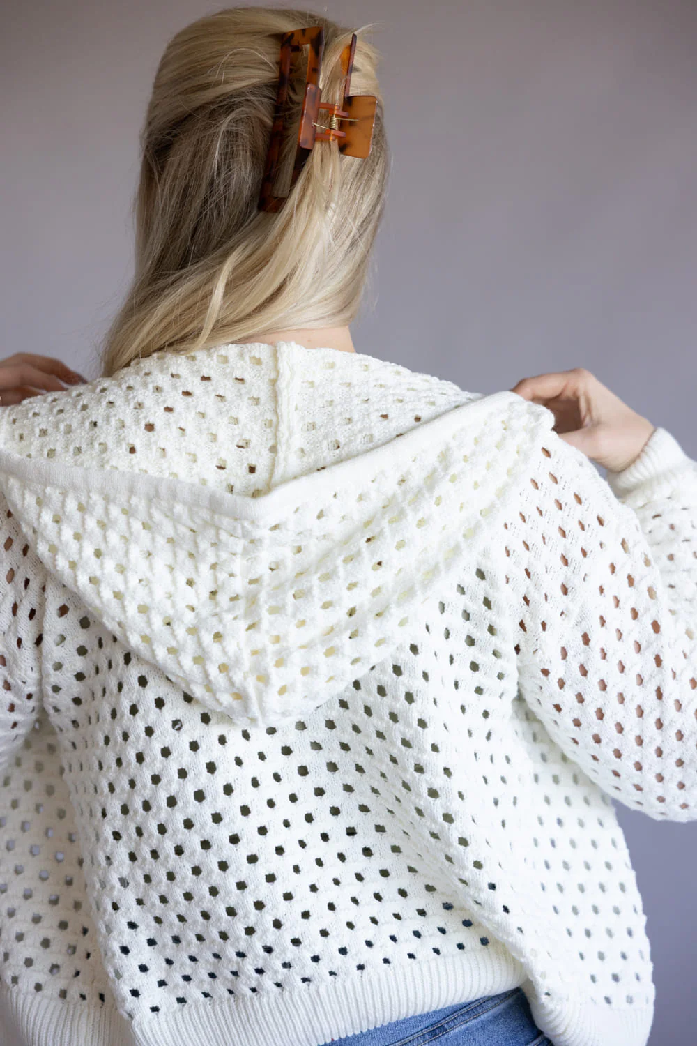 Elan Open Knit Full Zip Hooded Cardigan for Women in Off White | SW11601-WHT - Image 2