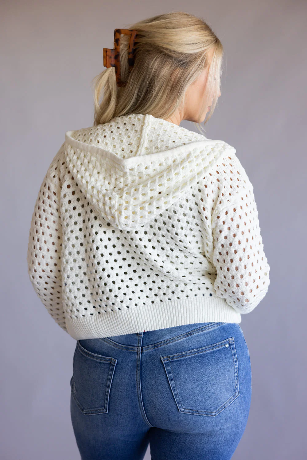 Elan Open Knit Full Zip Hooded Cardigan for Women in Off White | SW11601-WHT - Image 3