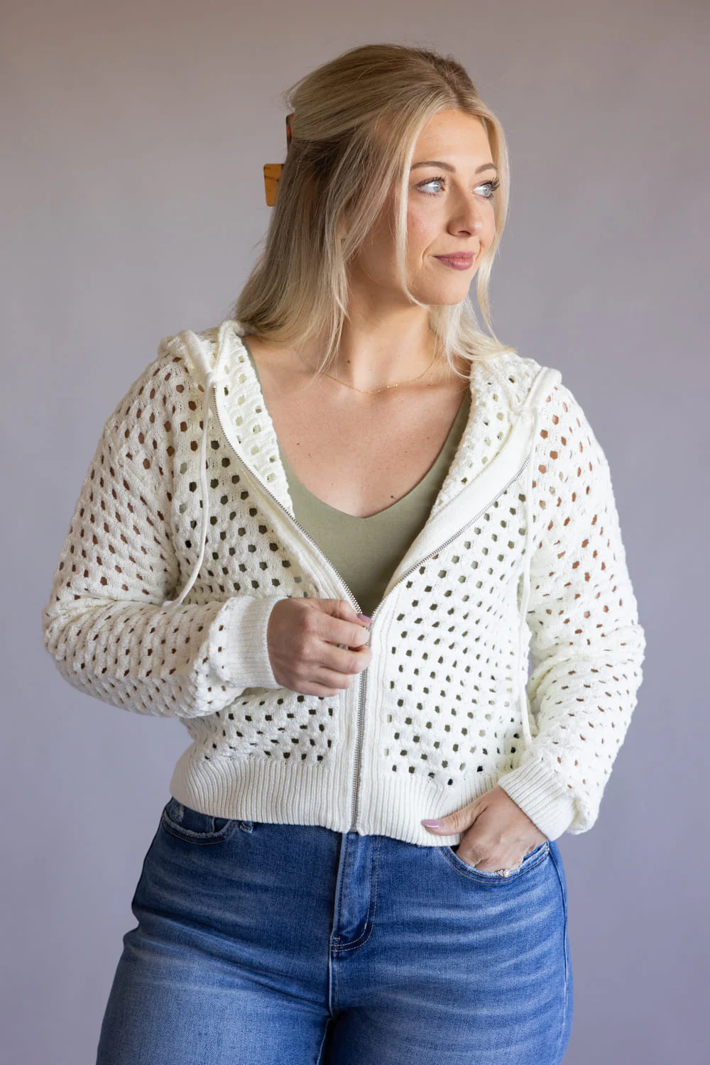 Elan Open Knit Full Zip Hooded Cardigan for Women in Off White | SW11601-WHT - Image 4