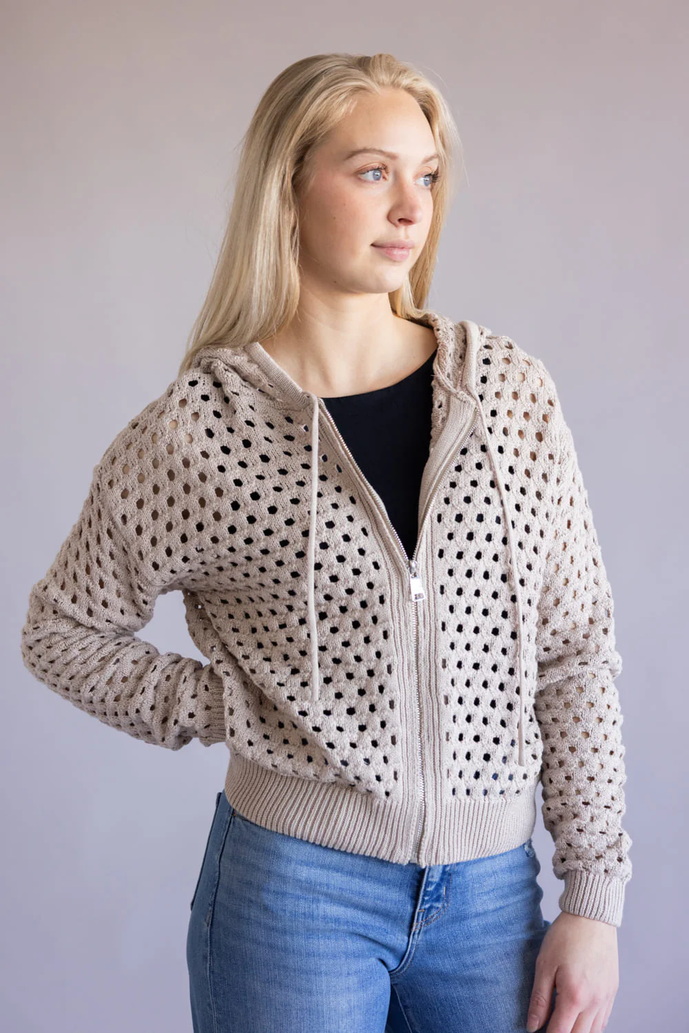 Elan Open Knit Full Zip Hooded Cardigan for Women in Taupe | SW11601-TPE - Image 2