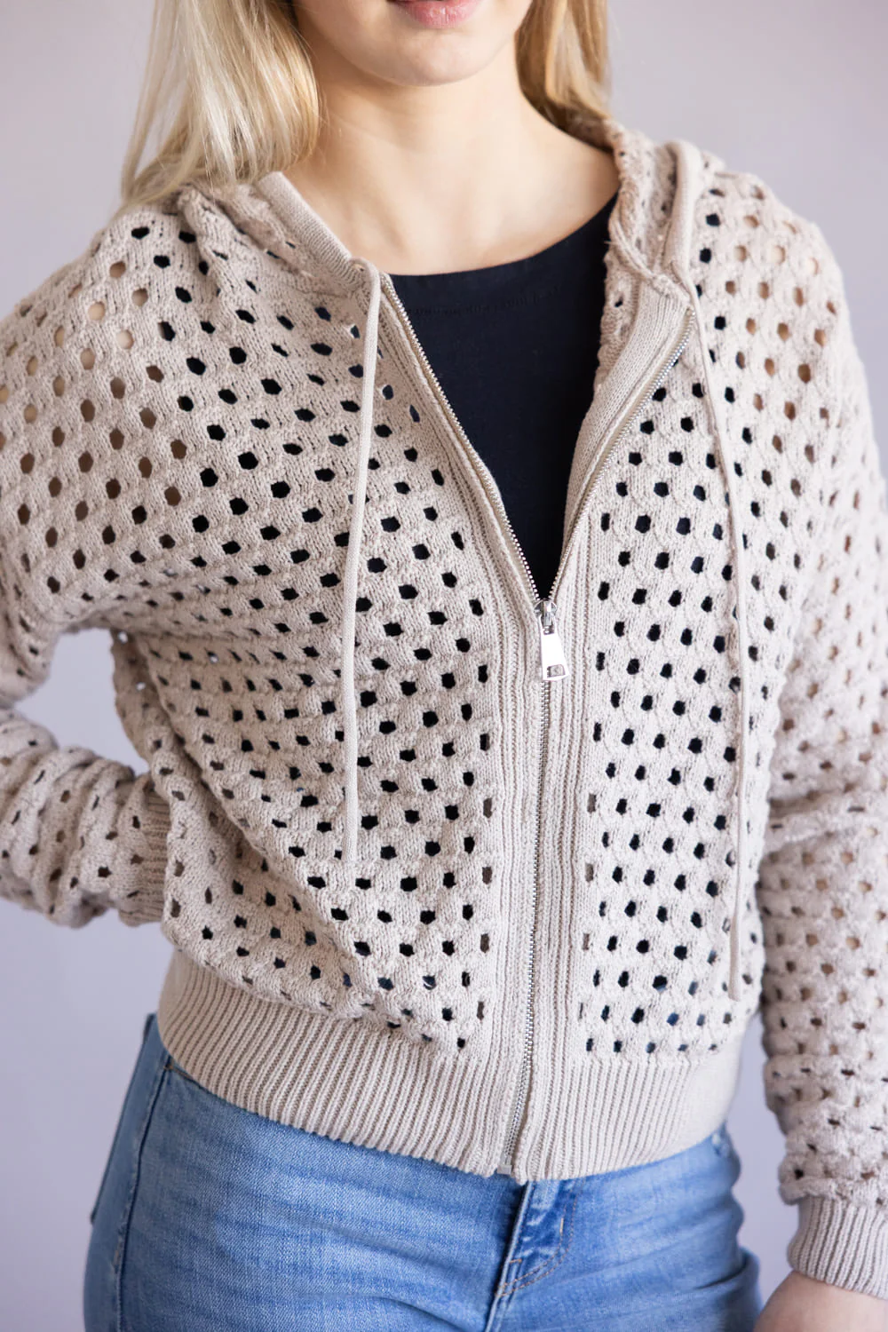 Elan Open Knit Full Zip Hooded Cardigan for Women in Taupe | SW11601-TPE - Image 3