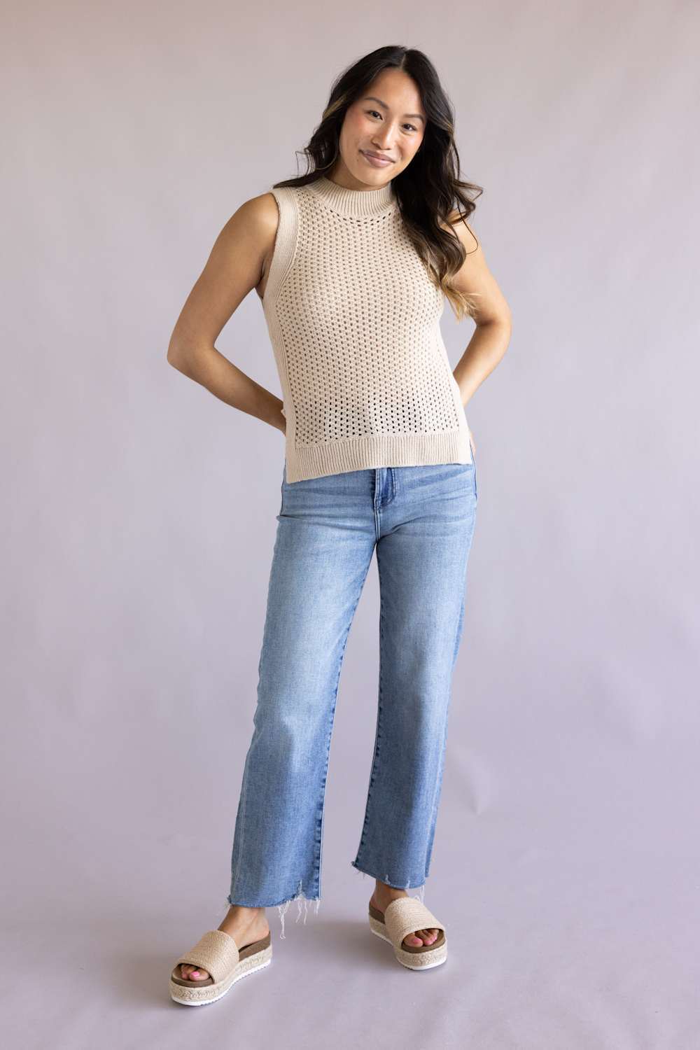 Elan Open Knit Sweater Tank for Women in Sand | SW11617-SAN - Image 2