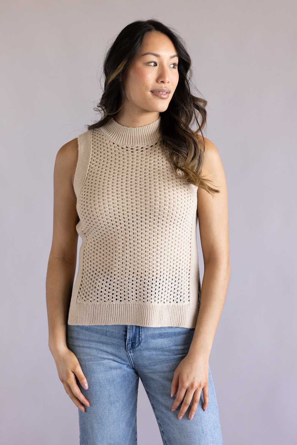 Elan Open Knit Sweater Tank for Women in Sand | SW11617-SAN - Image 4