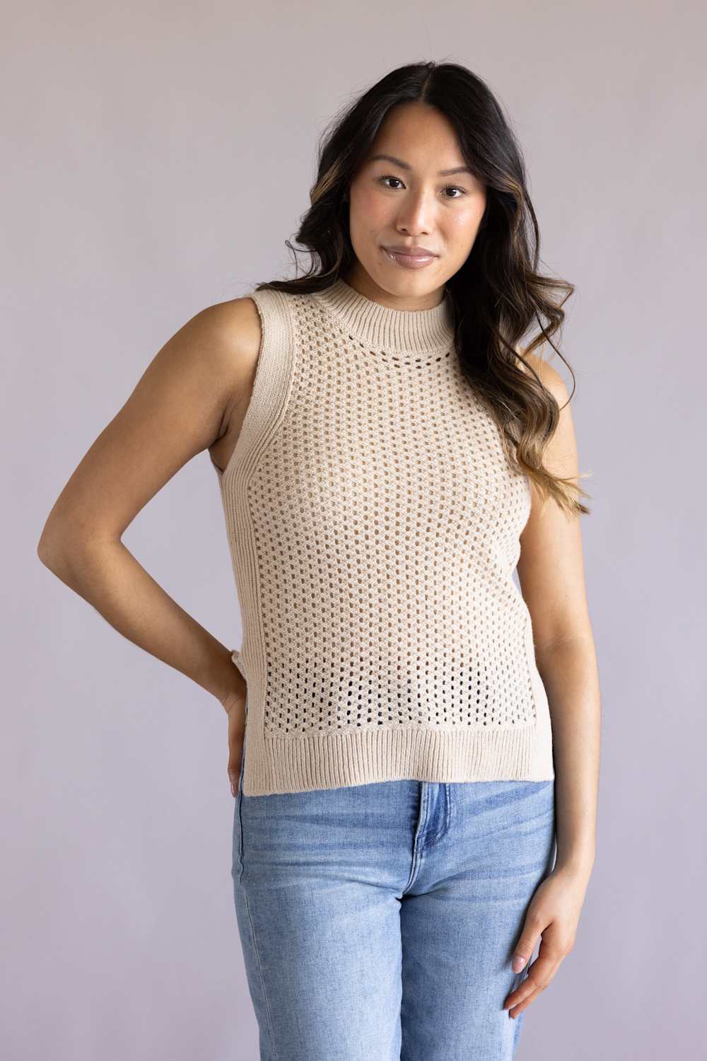 Elan Open Knit Sweater Tank for Women in Sand | SW11617-SAN - Image 5