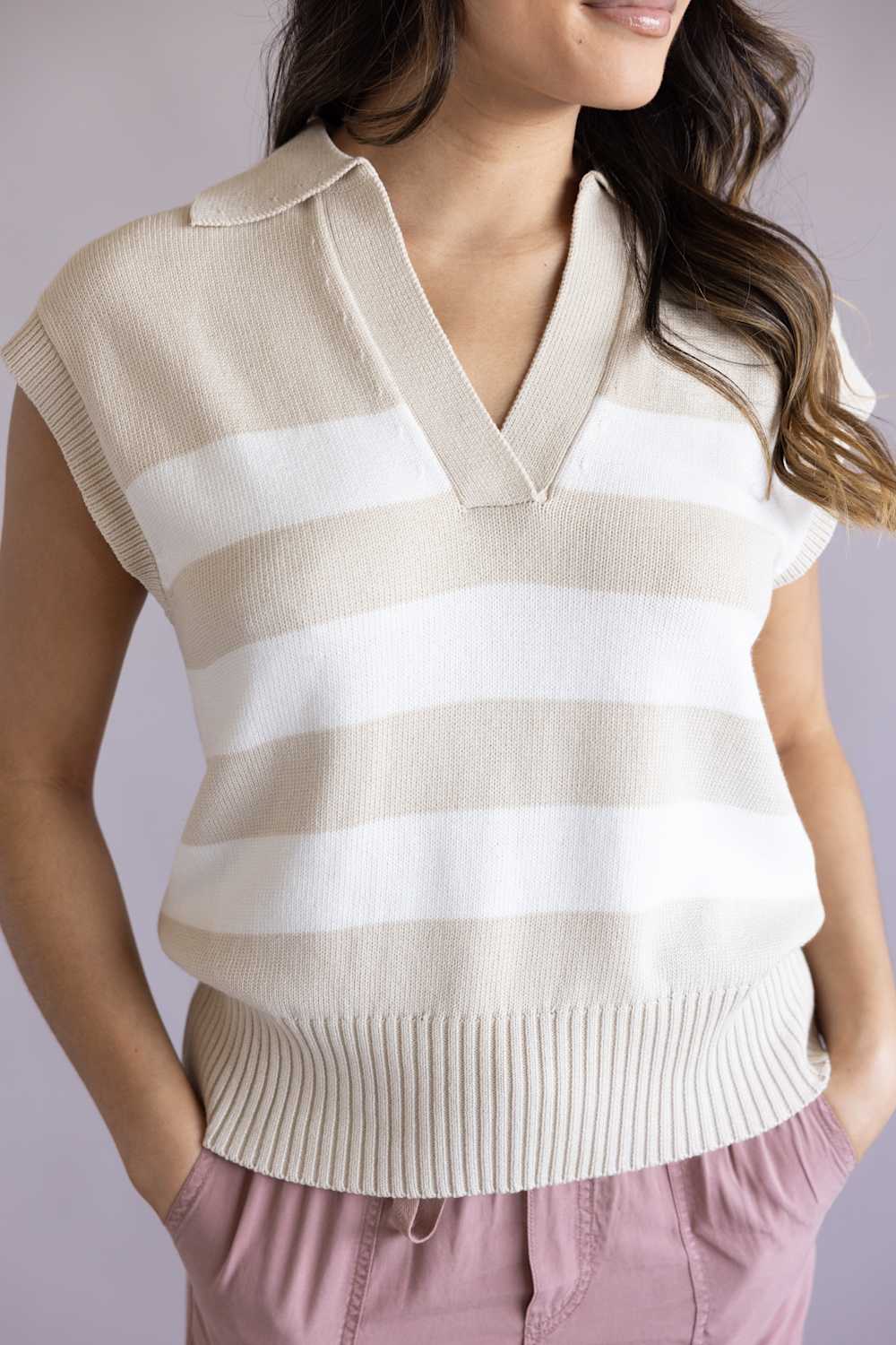 Elan Striped Cap Sleeve Sweater Tank for Women in Beige | SWS11613-BEI - Image 2