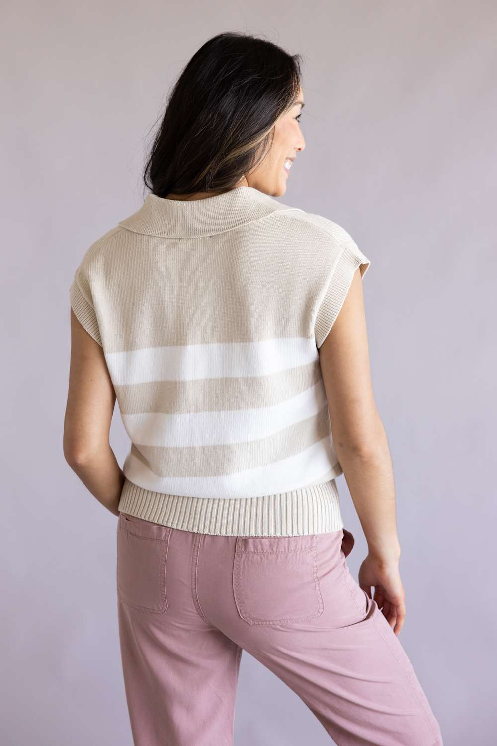 Elan Striped Cap Sleeve Sweater Tank for Women in Beige | SWS11613-BEI - Image 3