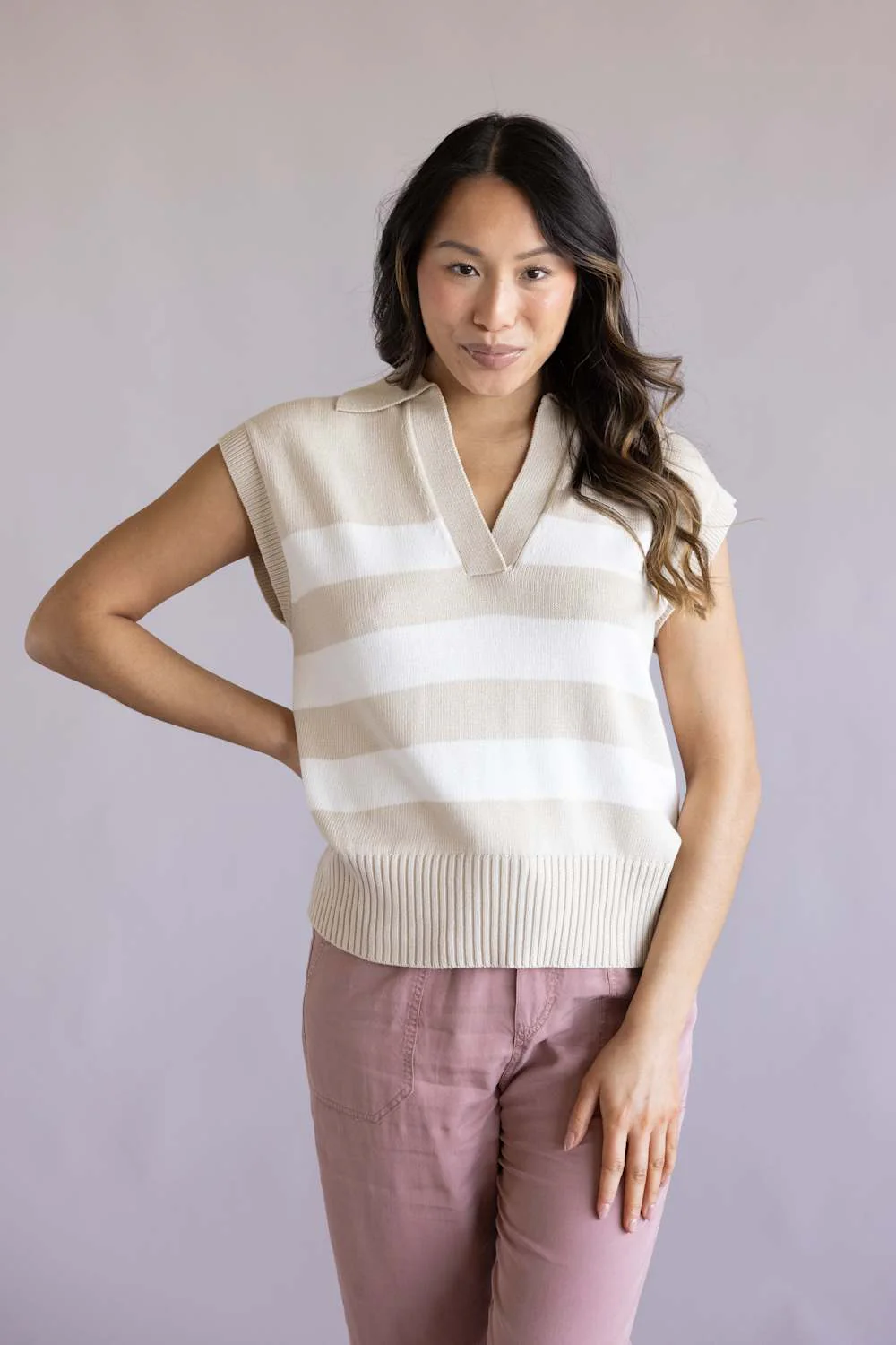 Elan Striped Cap Sleeve Sweater Tank for Women in Beige | SWS11613-BEI - Image 4