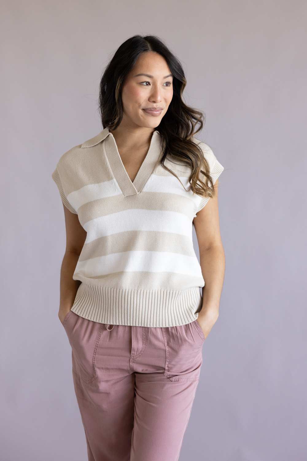 Elan Striped Cap Sleeve Sweater Tank for Women in Beige | SWS11613-BEI - Image 5