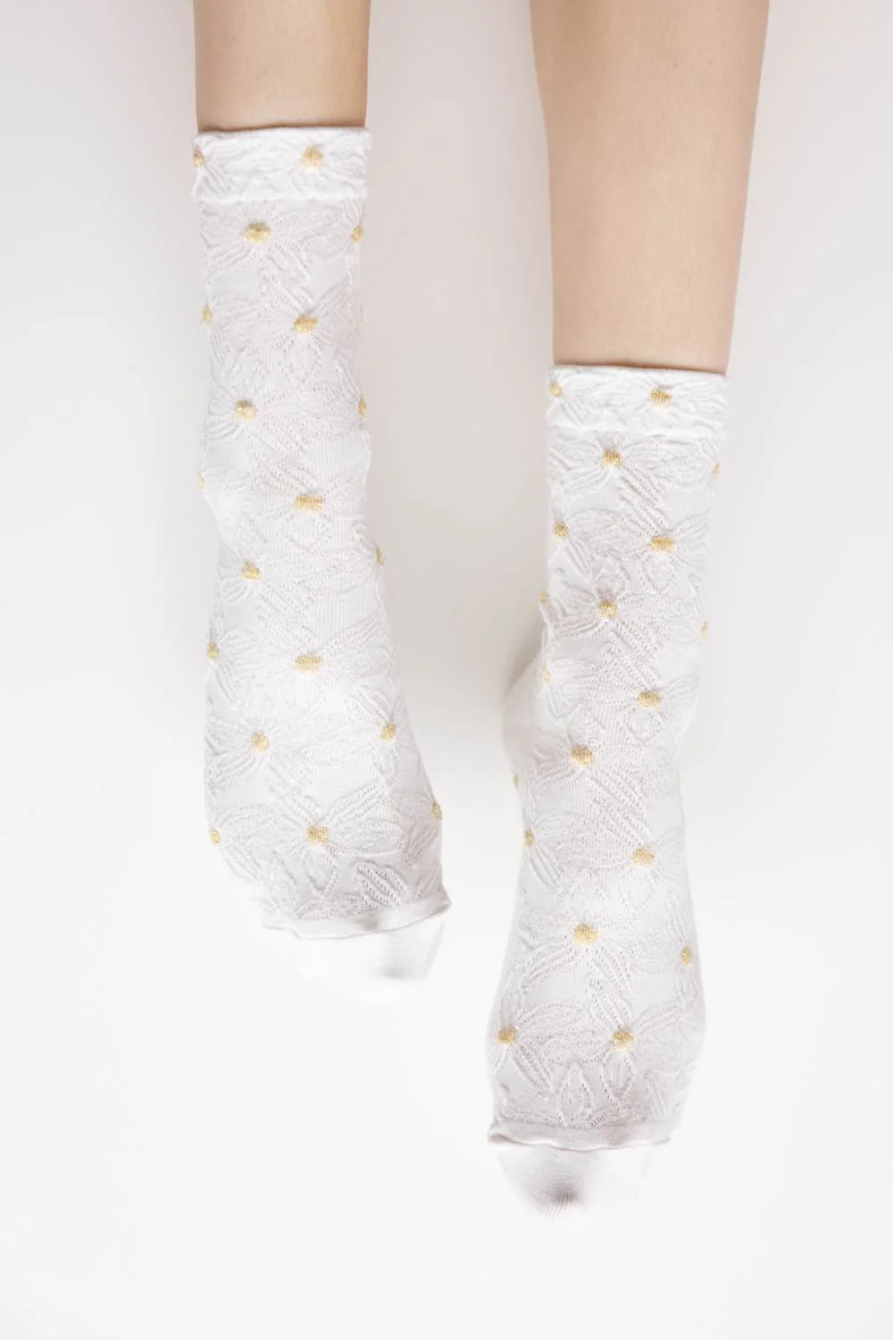 Embossed Floral Crew Socks for Women in White  | SK351WH - Image 2