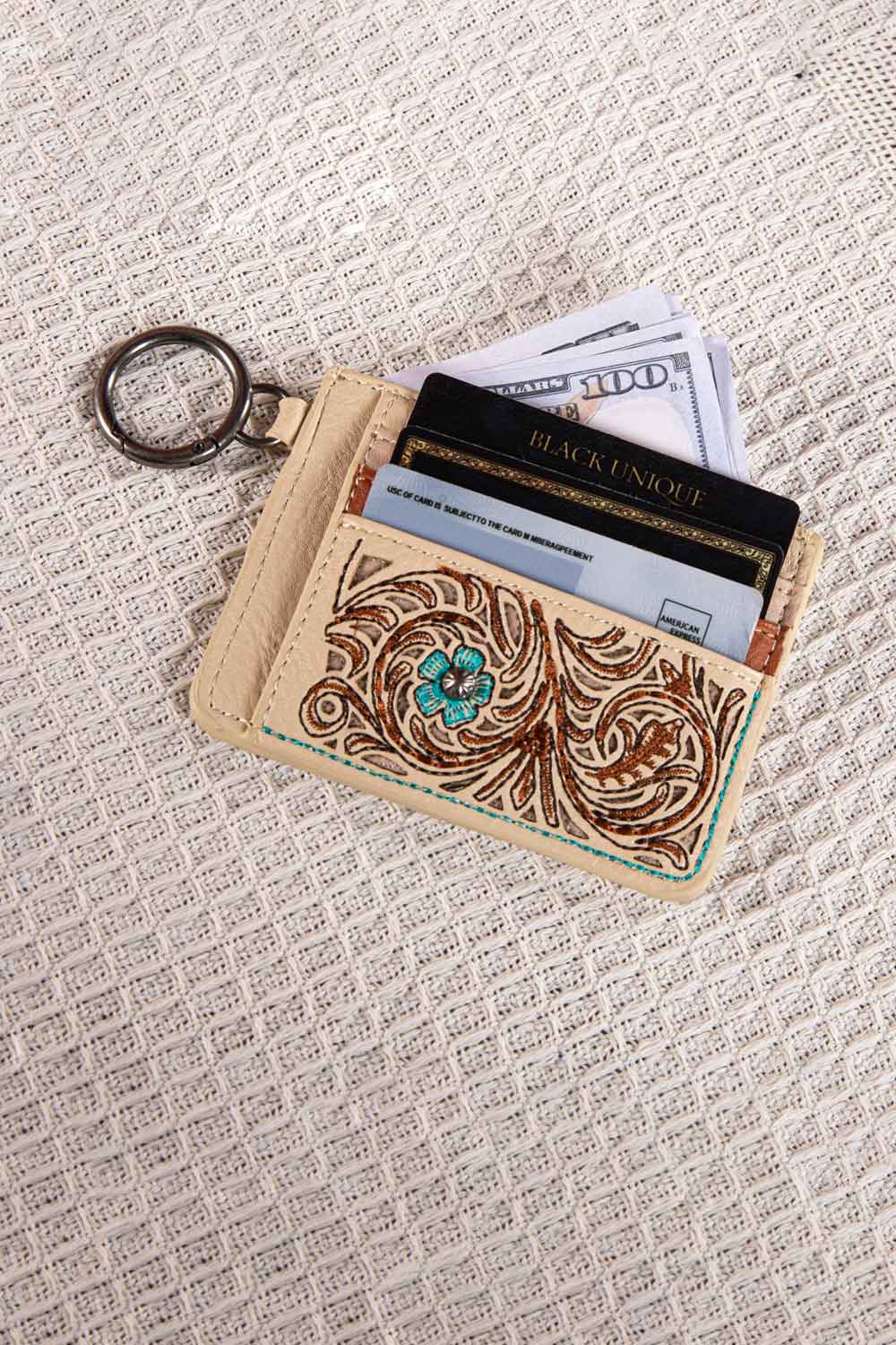 Embroidered Floral Card Holder in Tan | MW1313-W014-TN - Image 3