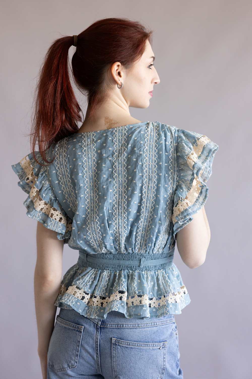 Strut & Bolt Embroidered Flutter Sleeve Peplum Top for Women in Chambray | T-50742-H-CHM - Image 3