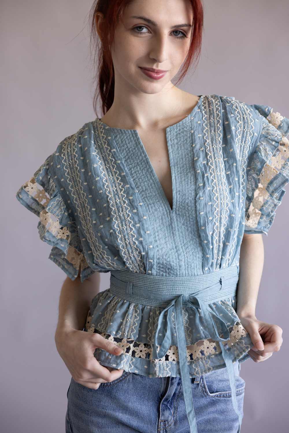Strut & Bolt Embroidered Flutter Sleeve Peplum Top for Women in Chambray | T-50742-H-CHM - Image 4