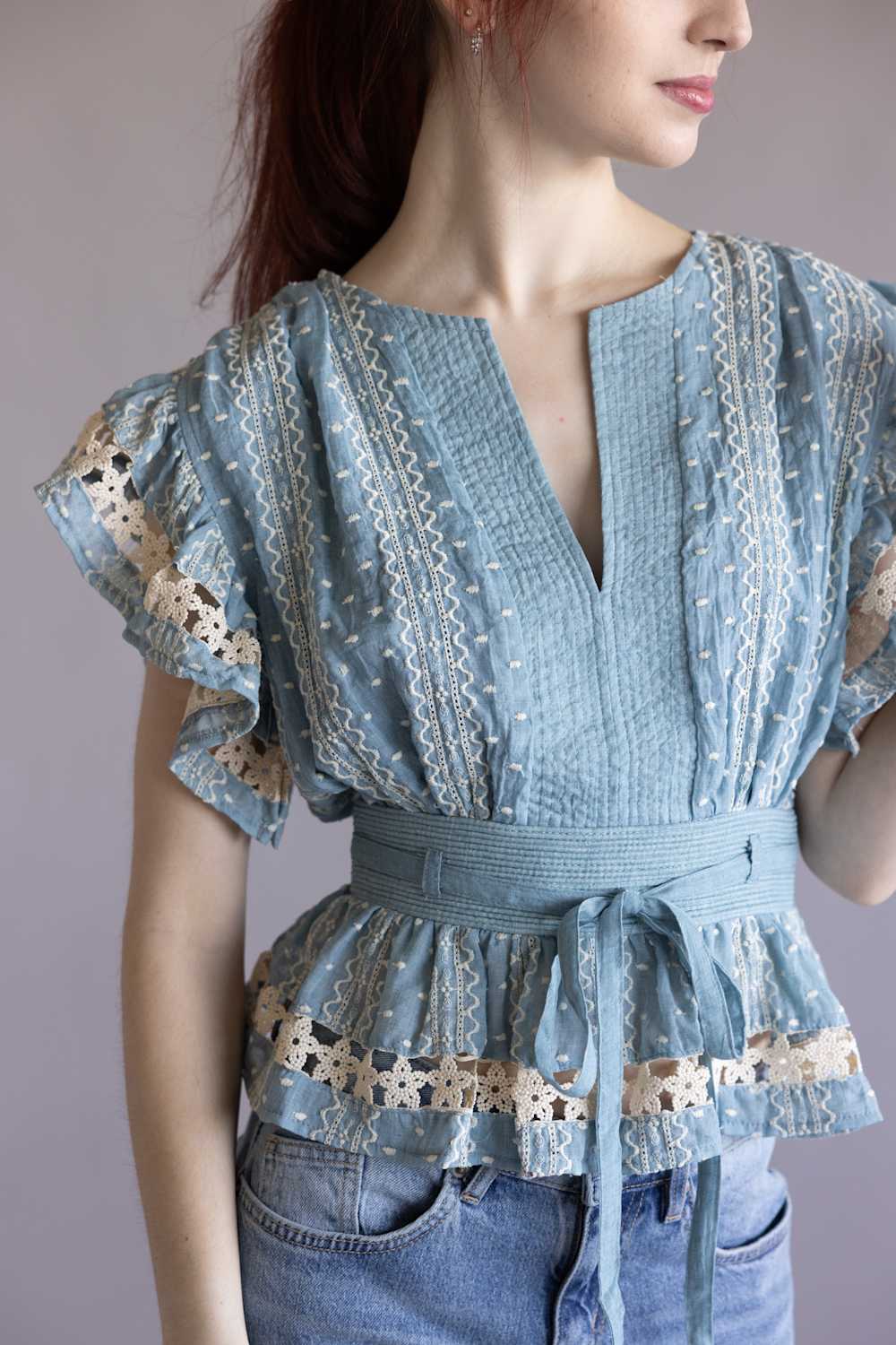 Strut & Bolt Embroidered Flutter Sleeve Peplum Top for Women in Chambray | T-50742-H-CHM - Image 5