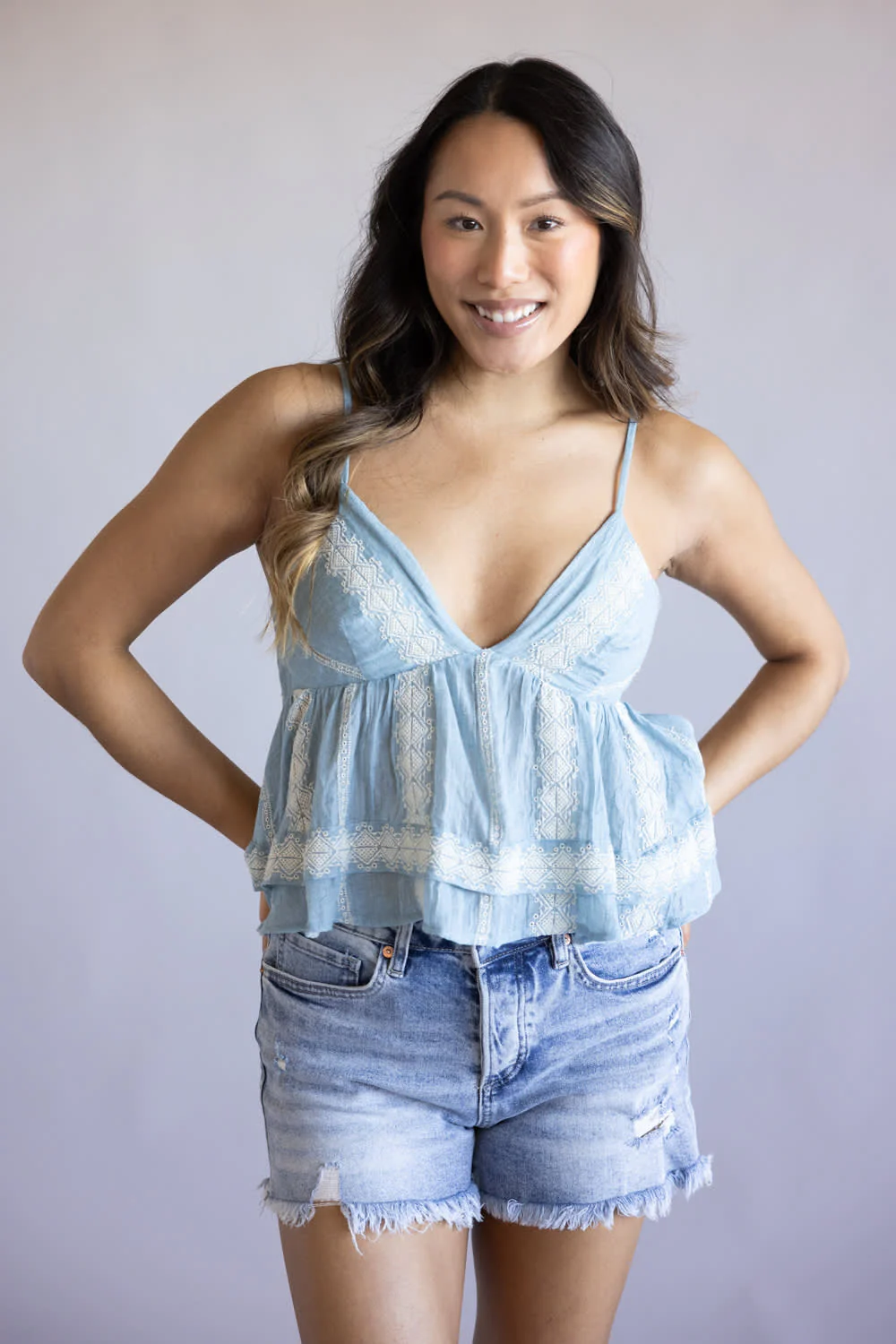 Embroidered Peplum Top for Women in Light Blue | IM8566-LIGHTBLUE - Image 3
