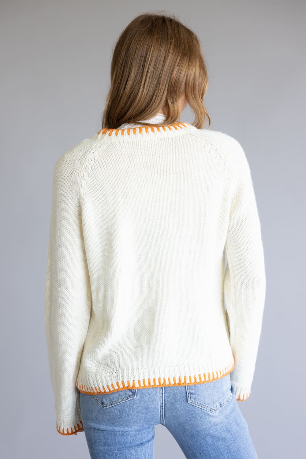 Embroidered Pumpkin Floral Blanket Stitch Sweater for Women in Ivory | JT1527-09-IVORY - Image 2