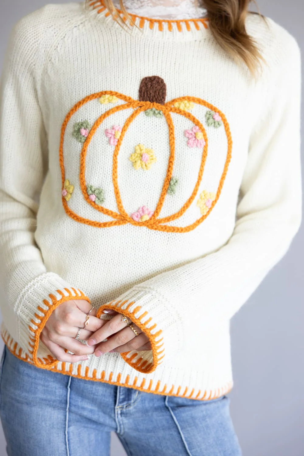 Embroidered Pumpkin Floral Blanket Stitch Sweater for Women in Ivory | JT1527-09-IVORY - Image 3