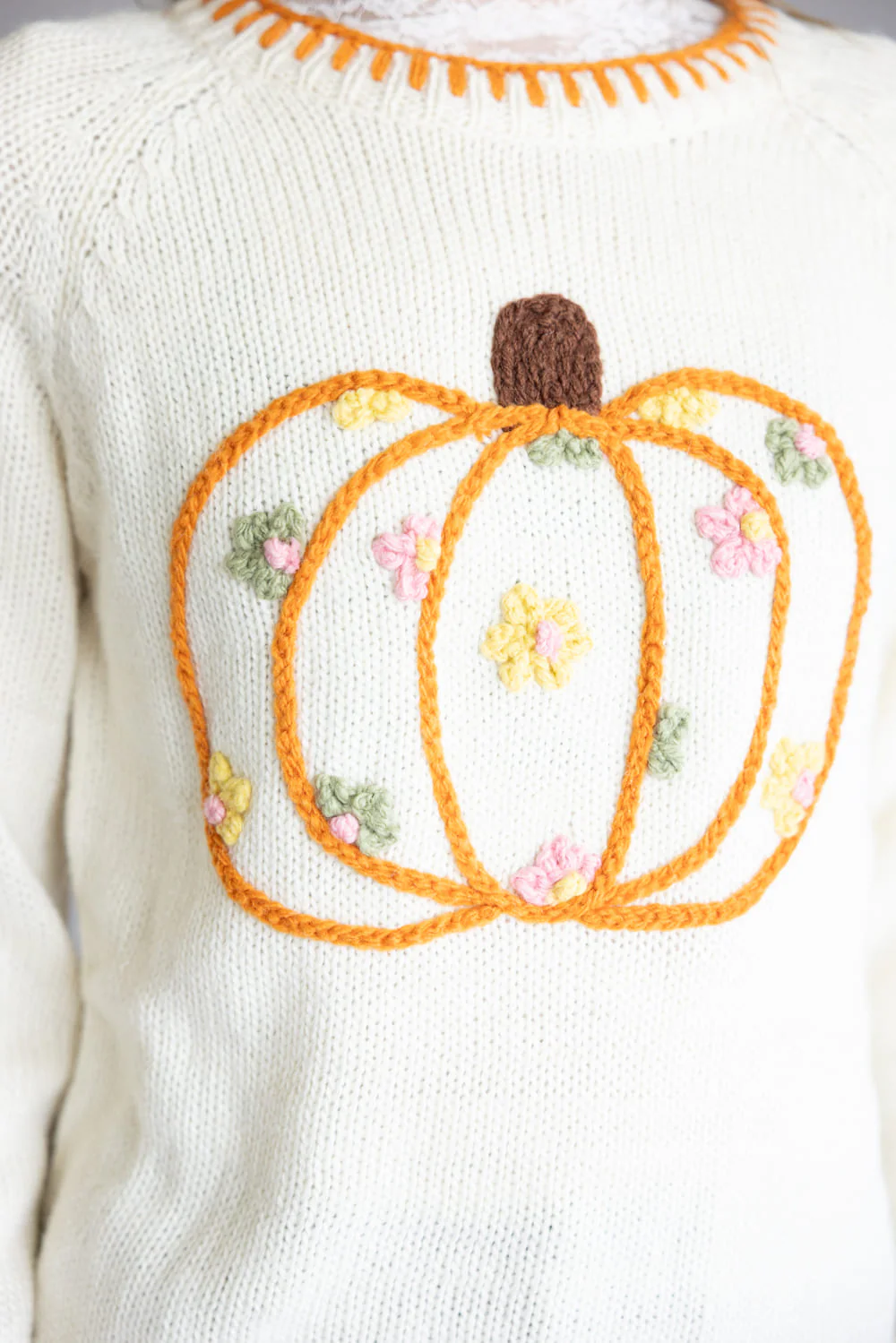 Embroidered Pumpkin Floral Blanket Stitch Sweater for Women in Ivory | JT1527-09-IVORY - Image 4