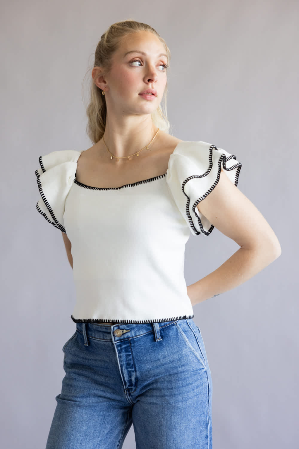 Strut & Bolt Embroidered Ruffle Sleeve Top for Women in White | K-4601-H-WHT - Image 2