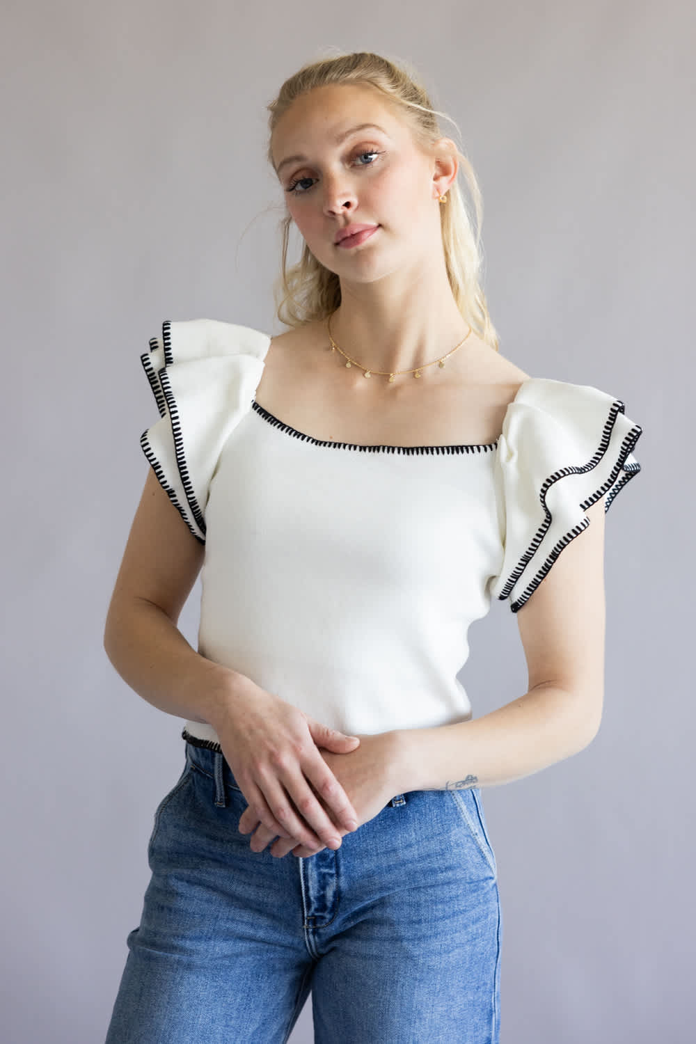 Strut & Bolt Embroidered Ruffle Sleeve Top for Women in White | K-4601-H-WHT - Image 4