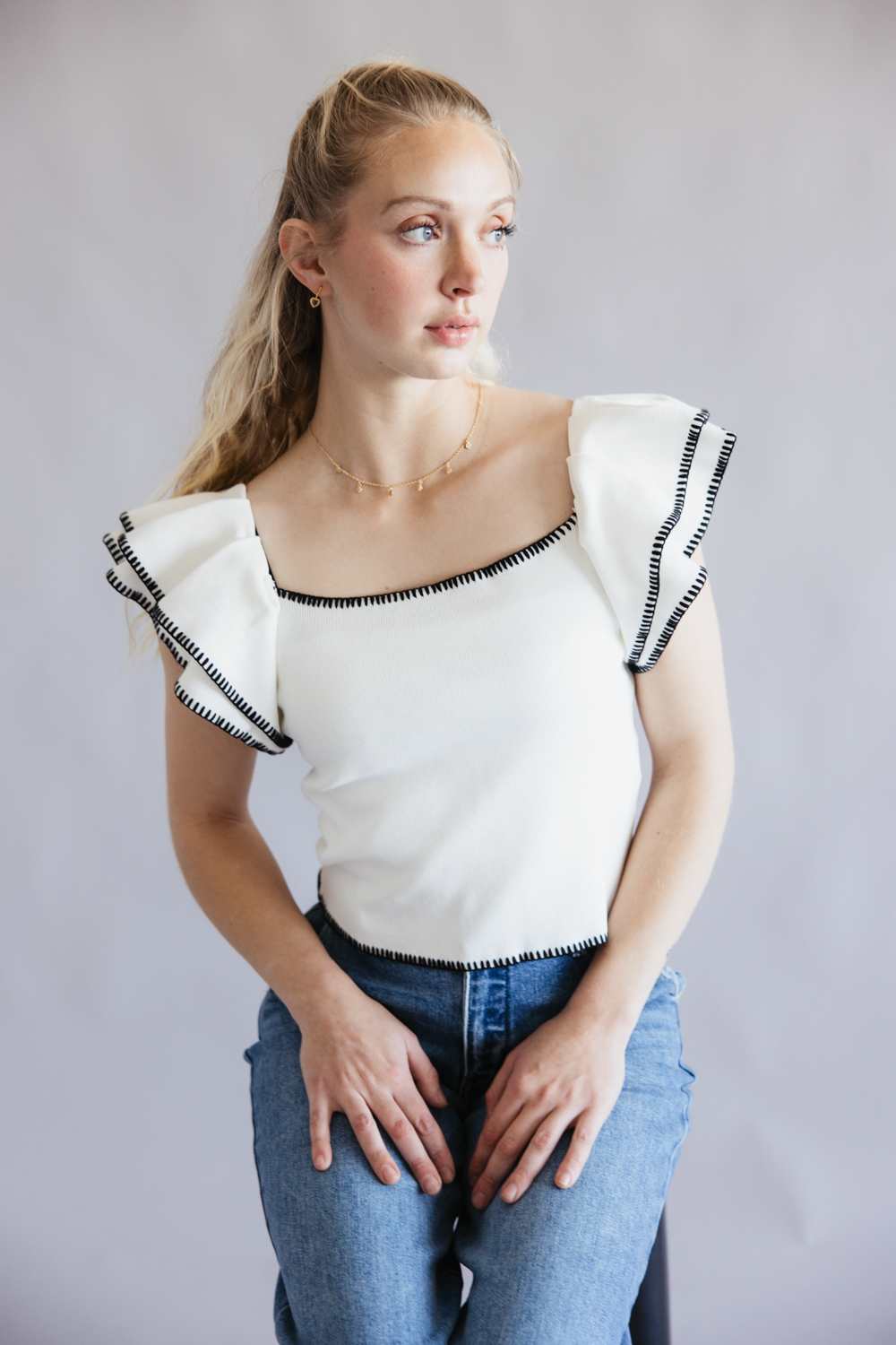 Strut & Bolt Embroidered Ruffle Sleeve Top for Women in White | K-4601-H-WHT - Image 5