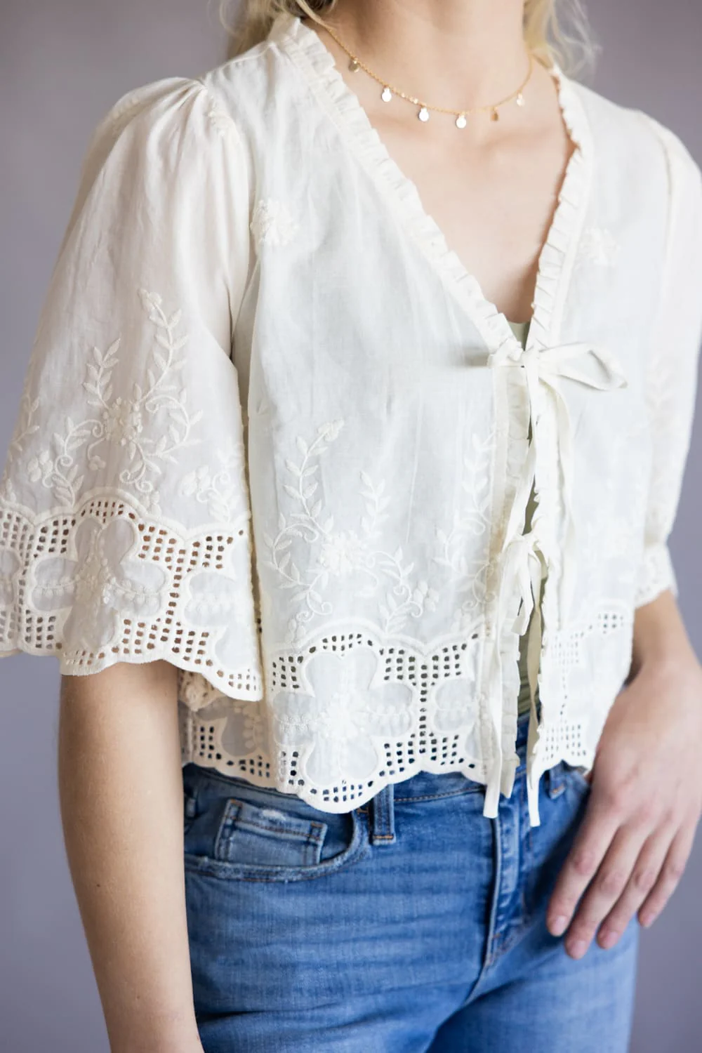 Embroidered Tie Front Top for Women in Ivory | AT2643-IRY - Image 3