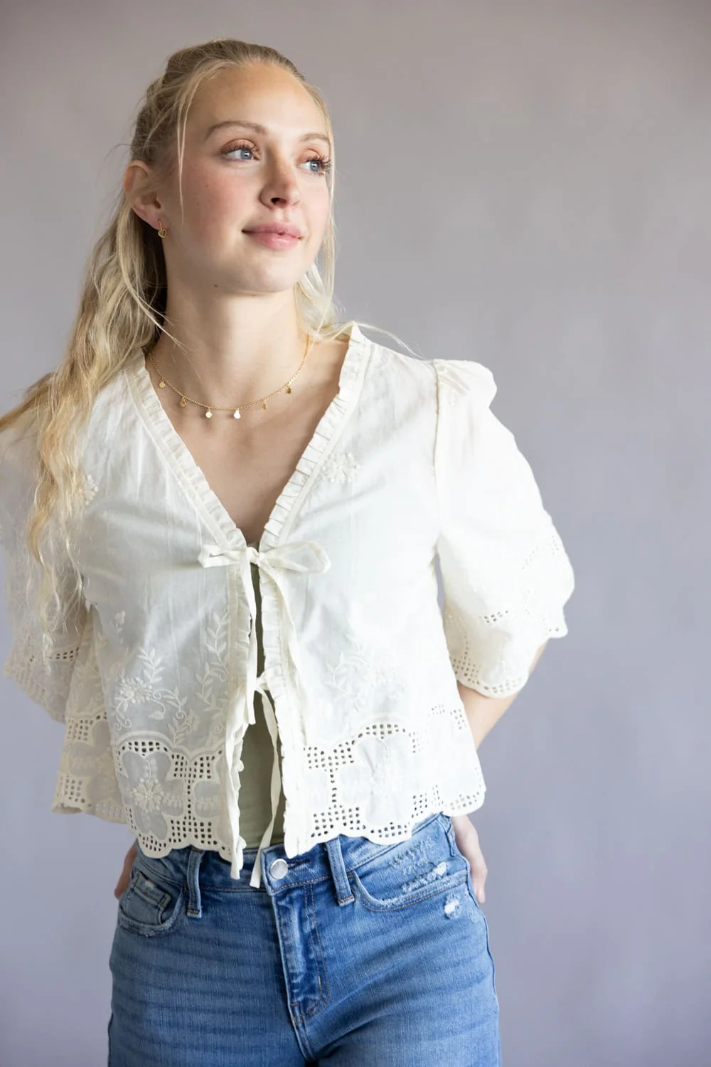 Embroidered Tie Front Top for Women in Ivory | AT2643-IRY - Image 4