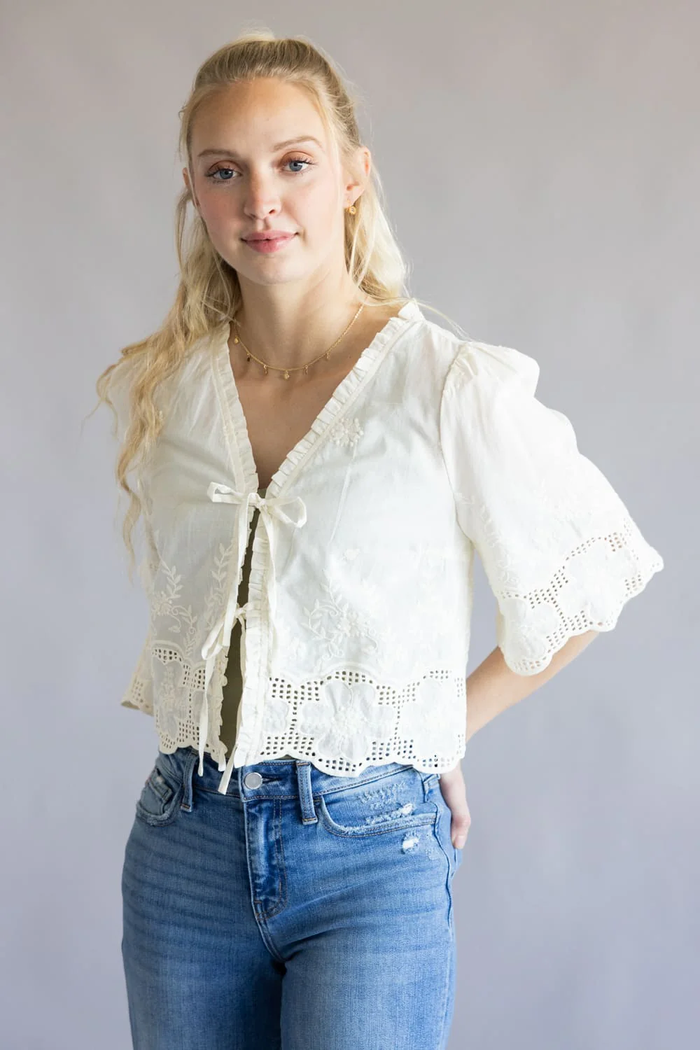 Embroidered Tie Front Top for Women in Ivory | AT2643-IRY - Image 5