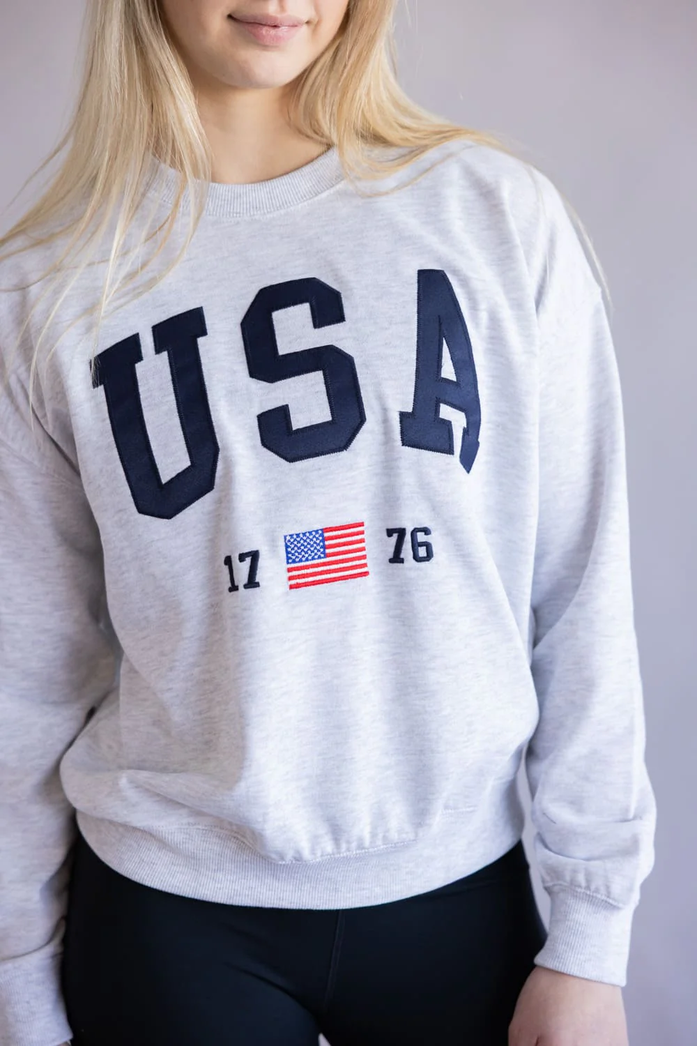 Embroidered USA 1776 Crewneck for Women in Grey | T1135-ICEGREY - Image 2