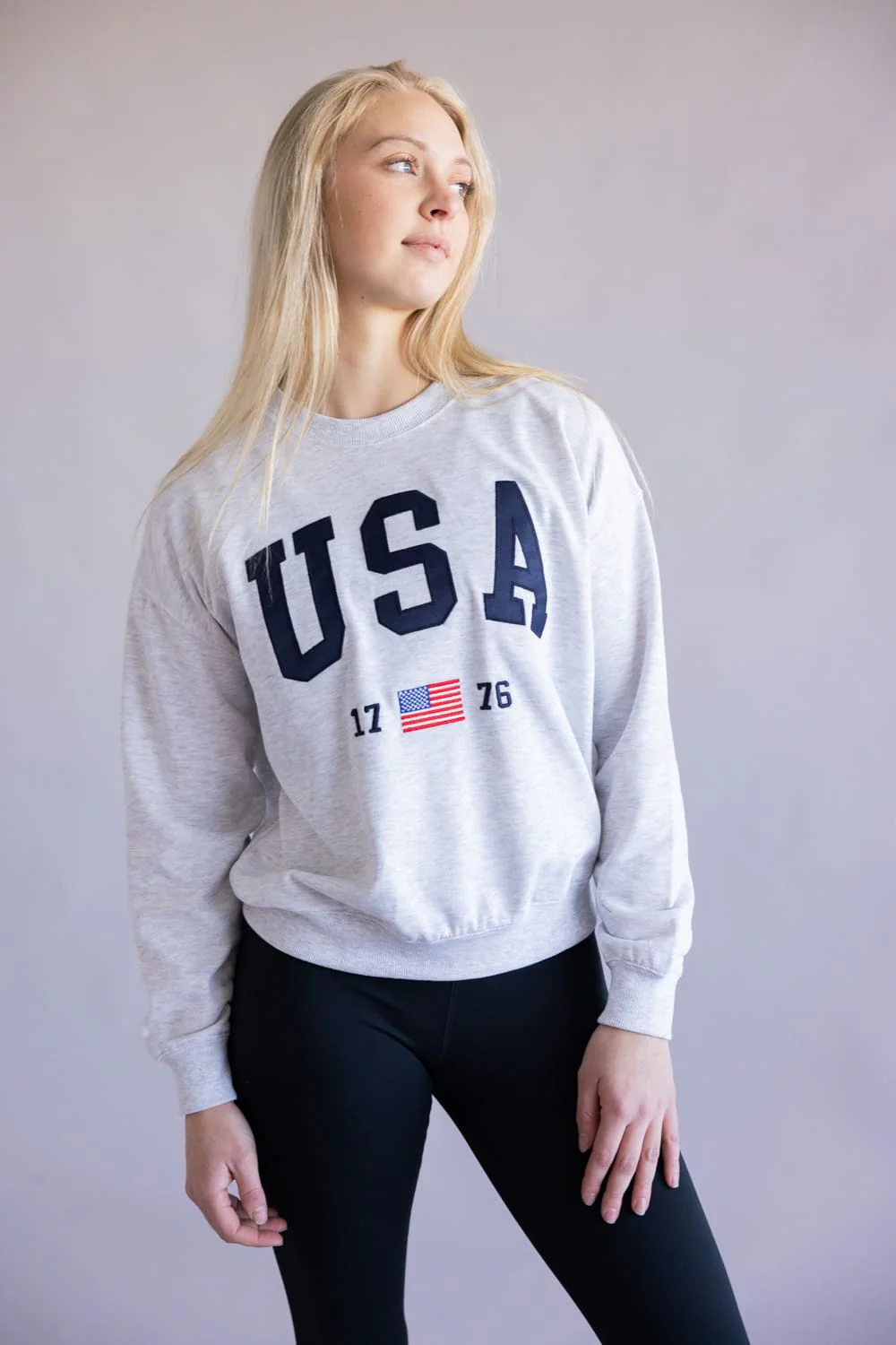 Embroidered USA 1776 Crewneck for Women in Grey | T1135-ICEGREY - Image 4