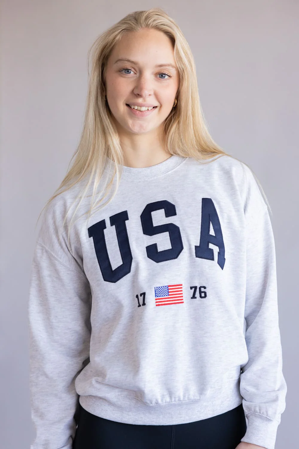 Embroidered USA 1776 Crewneck for Women in Grey | T1135-ICEGREY - Image 5