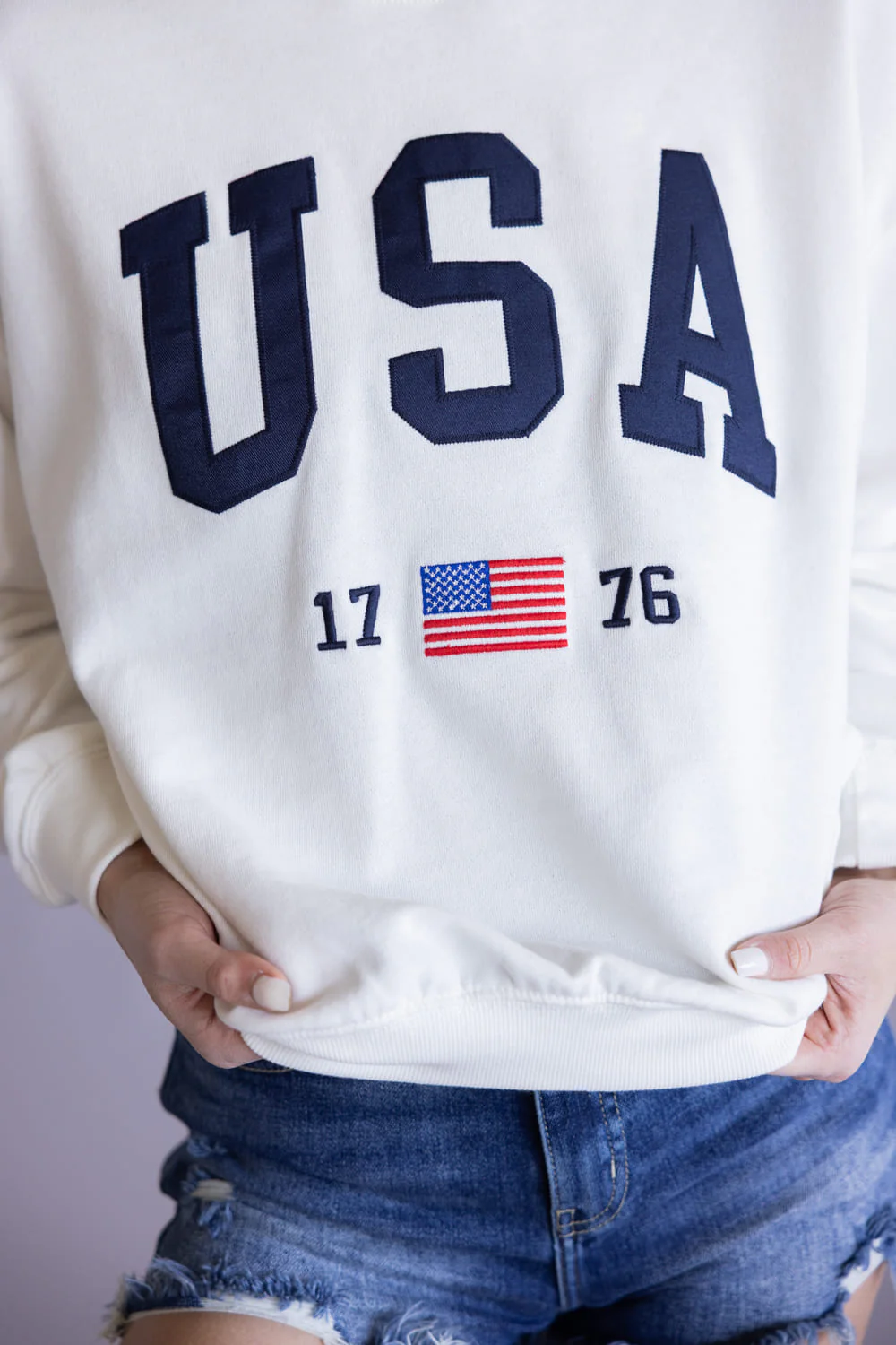 Embroidered USA 1776 Crewneck for Women in Ivory | T1135-IVORY - Image 3