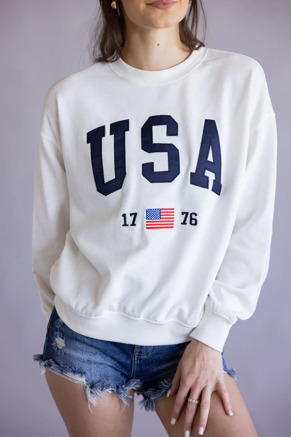 Embroidered USA 1776 Crewneck for Women in Ivory | T1135-IVORY - Image 4