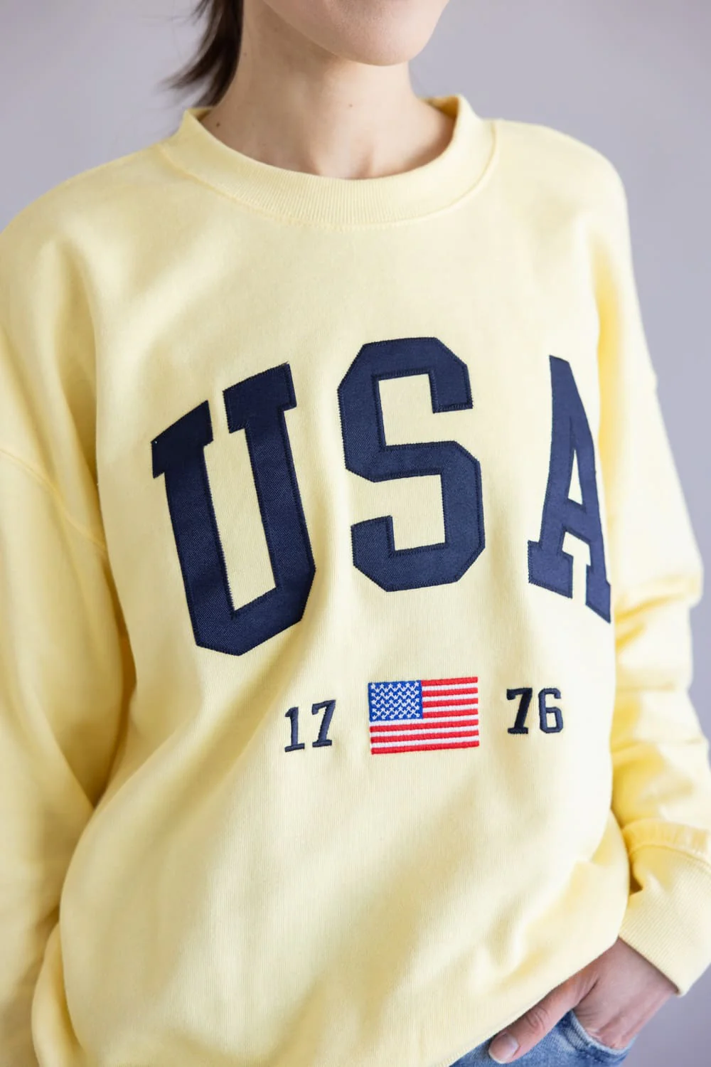 Embroidered USA 1776 Crewneck for Women in Yellow  | T1135-LTYELLOW - Image 2