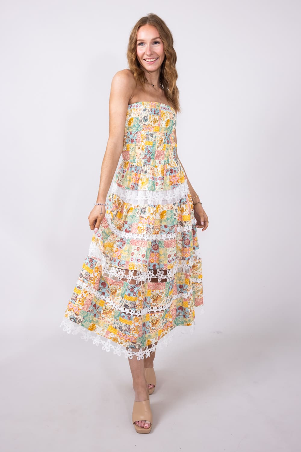 Strut & Bolt Floral Eyelet Strapless Midi Dress for Women in Yellow Multi | D-10437-H-YLW - Image 2