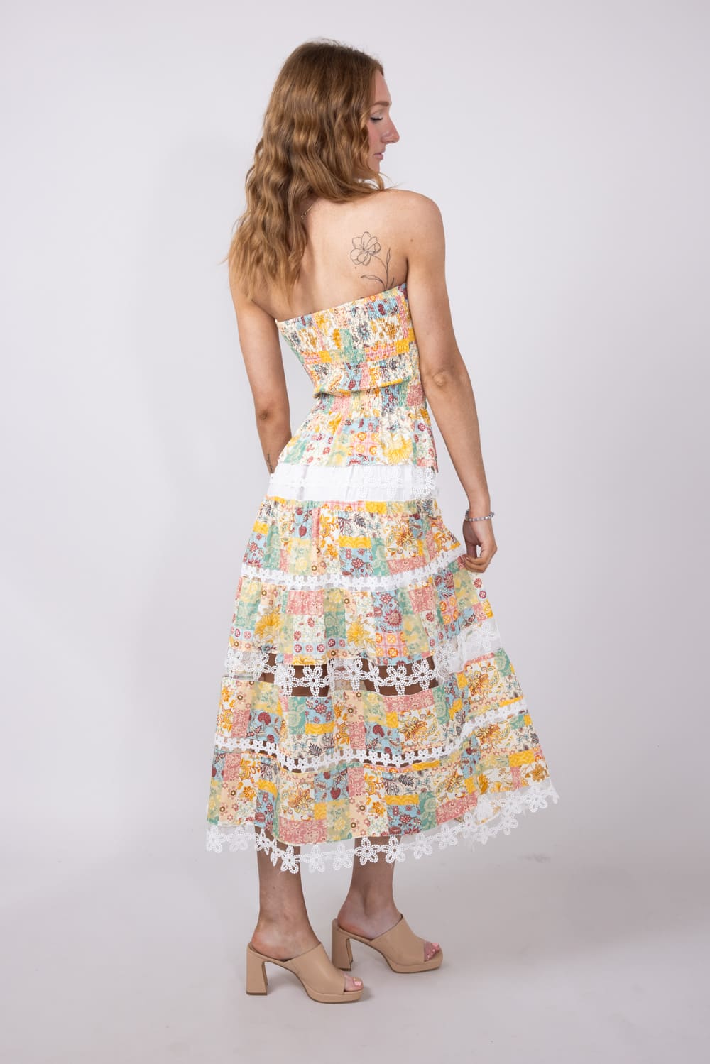 Strut & Bolt Floral Eyelet Strapless Midi Dress for Women in Yellow Multi | D-10437-H-YLW - Image 4