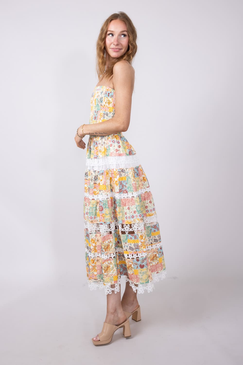 Strut & Bolt Floral Eyelet Strapless Midi Dress for Women in Yellow Multi | D-10437-H-YLW - Image 5