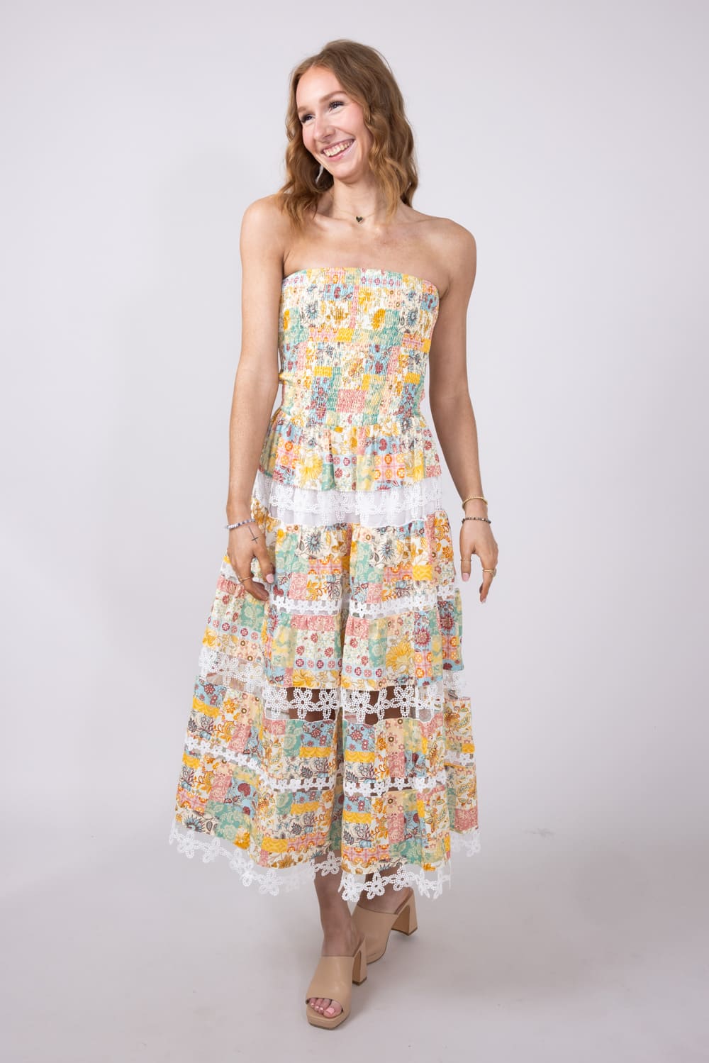 Strut & Bolt Floral Eyelet Strapless Midi Dress for Women in Yellow Multi | D-10437-H-YLW - Image 6