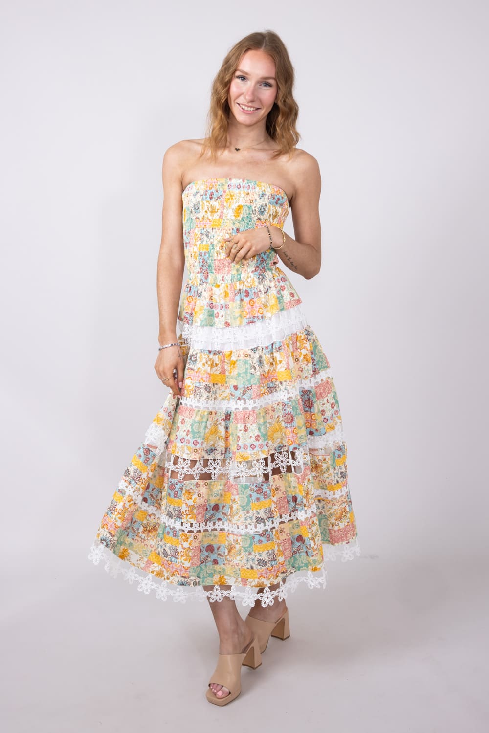 Strut & Bolt Floral Eyelet Strapless Midi Dress for Women in Yellow Multi | D-10437-H-YLW - Image 7