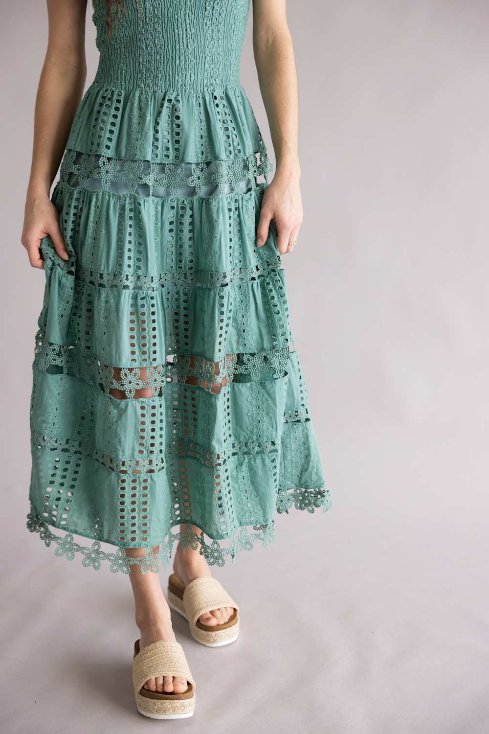 Strut & Bolt Eyelet Strapless Midi Dress for Women in Beryl Green | D-2192-H-BRYLGRN - Image 2