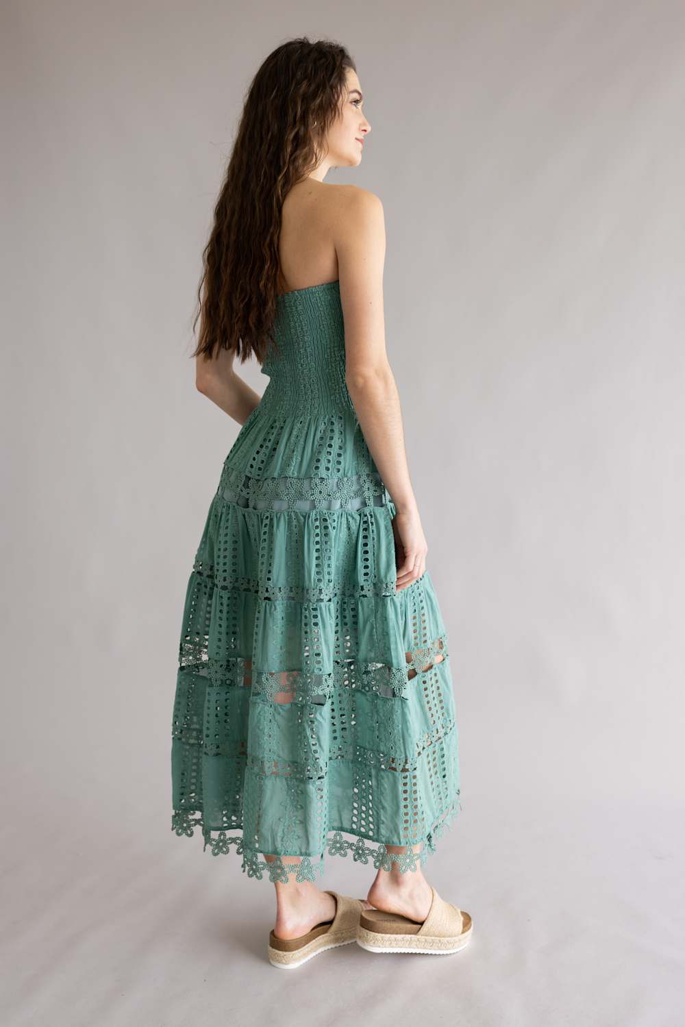 Strut & Bolt Eyelet Strapless Midi Dress for Women in Beryl Green | D-2192-H-BRYLGRN - Image 3