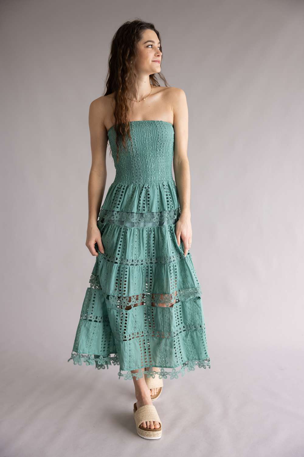 Strut & Bolt Eyelet Strapless Midi Dress for Women in Beryl Green | D-2192-H-BRYLGRN - Image 4
