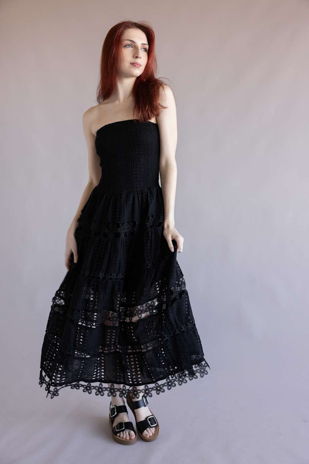 Strut & Bolt Eyelet Strapless Midi Dress for Women in Black | D-2192-H-BLK - Image 4