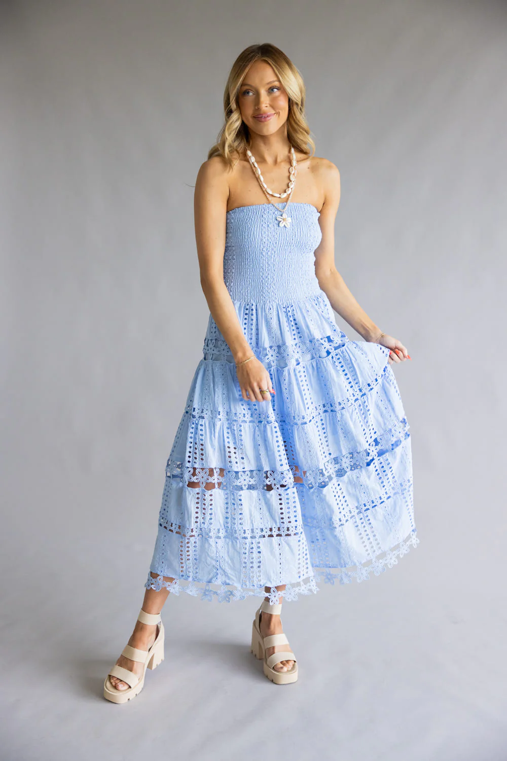 Strut & Bolt Eyelet Strapless Midi Dress for Women in Chambray Blue | D-2192-H-CHM - Image 2