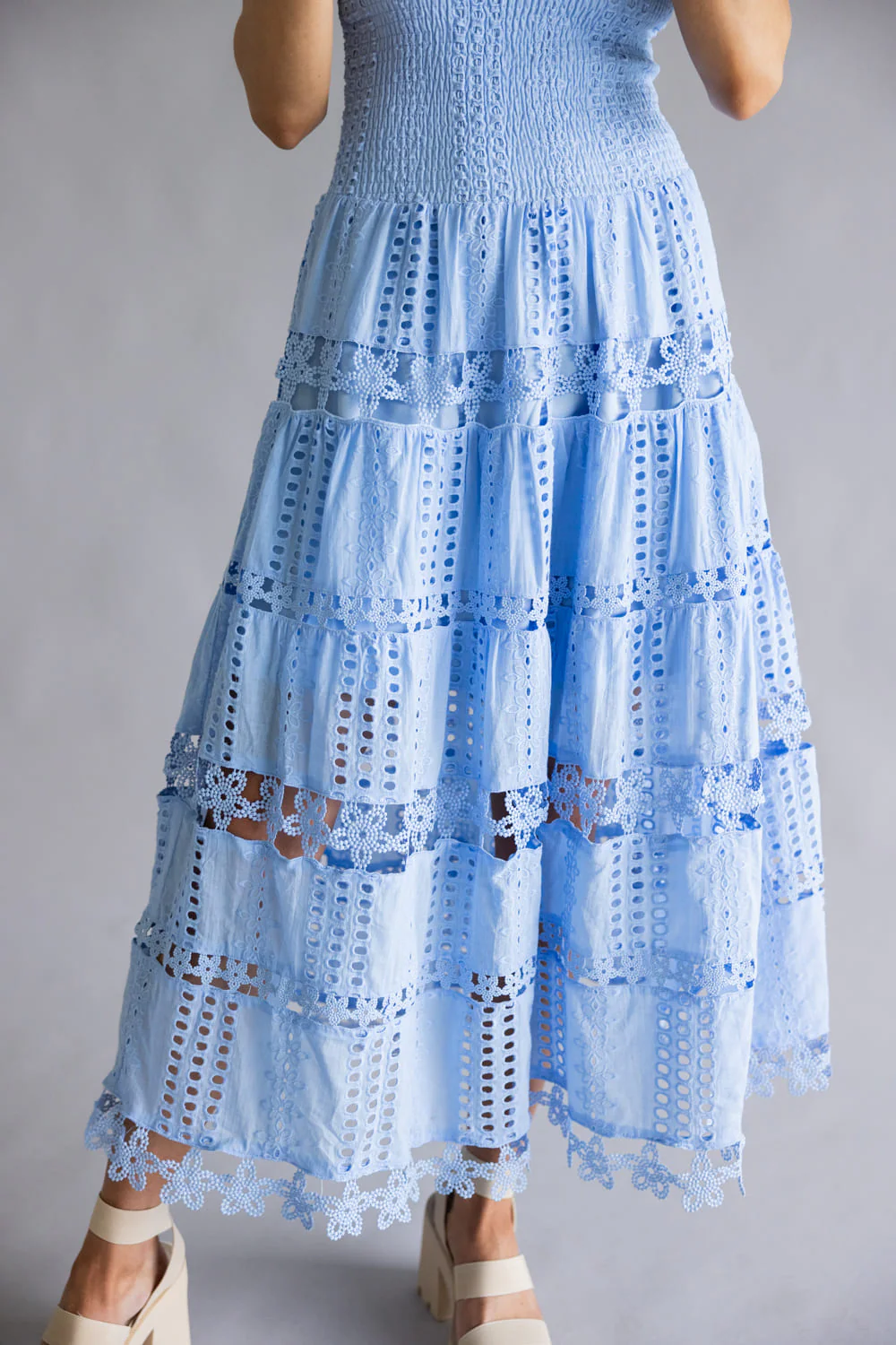 Strut & Bolt Eyelet Strapless Midi Dress for Women in Chambray Blue | D-2192-H-CHM - Image 3